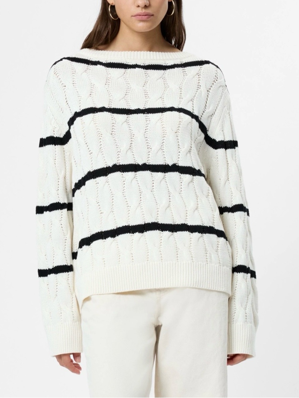 French Connection Cable Knit Stripe Sweater - Cream & Black oversized in S